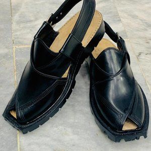 Traditional Black Peshawari Chappal, Handcrafted Leather Chappal, Black Sandals